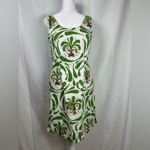 Govango White Green Shift Dress with Monkey Bananas Size 4 Sleeveless Round Neck